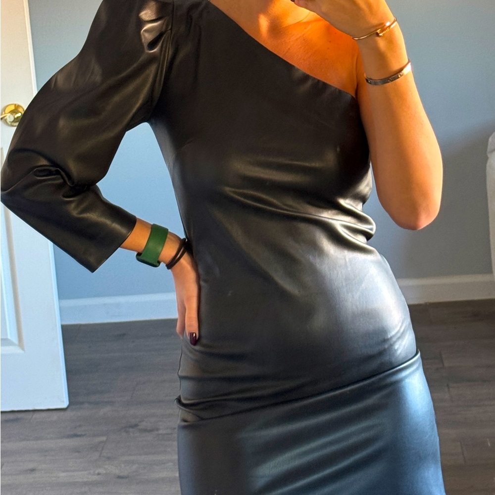 MNG (Mango) One-Shoulder Faux Leather Dress - Size XS